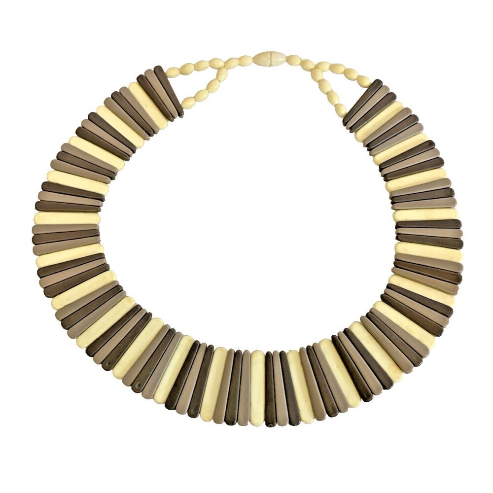 Vintage Earth Tone Statement Necklace Geometric Beads Artisan Collar